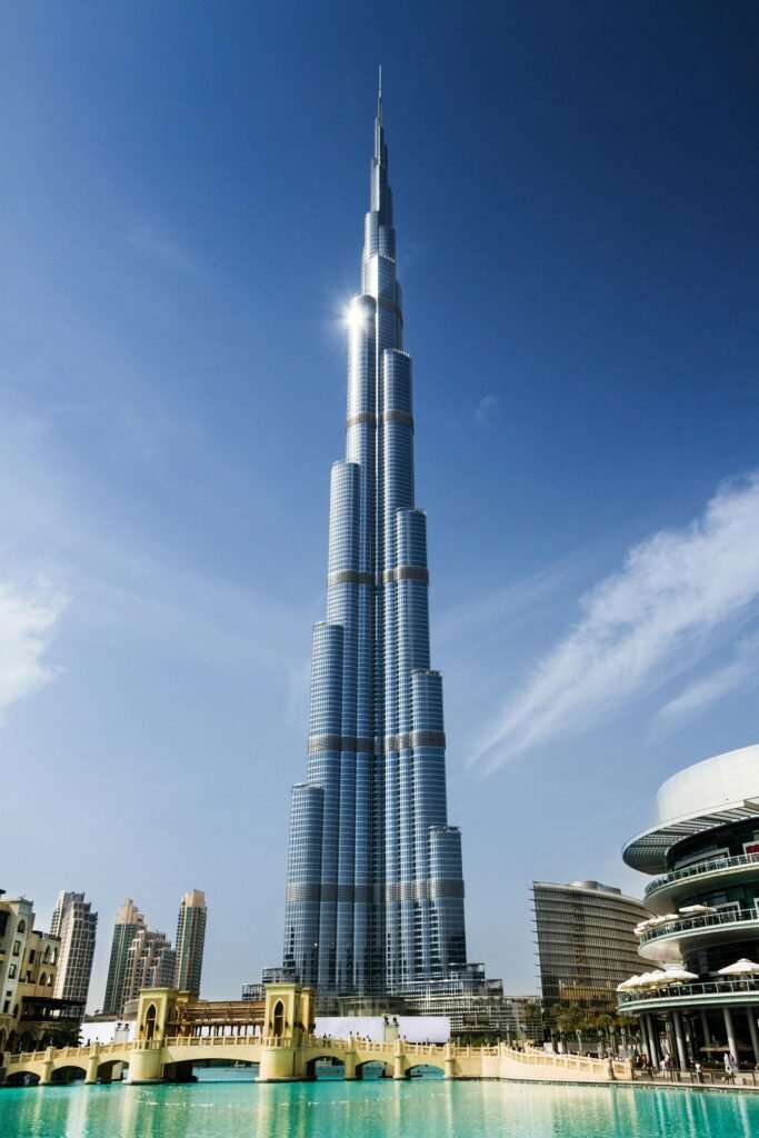 Stunning daytime view of Burj Khalifa against a clear blue sky in Dubai.