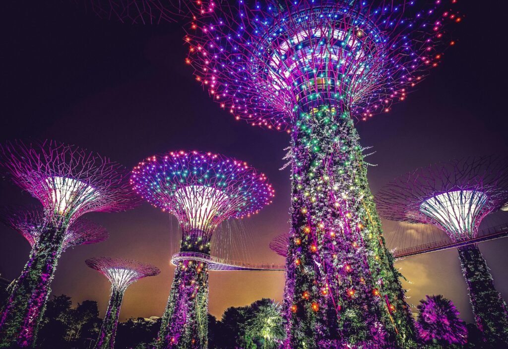 Vibrant night view of Supertree Grove illuminated with colorful lights at Singapore's Gardens by the Bay.