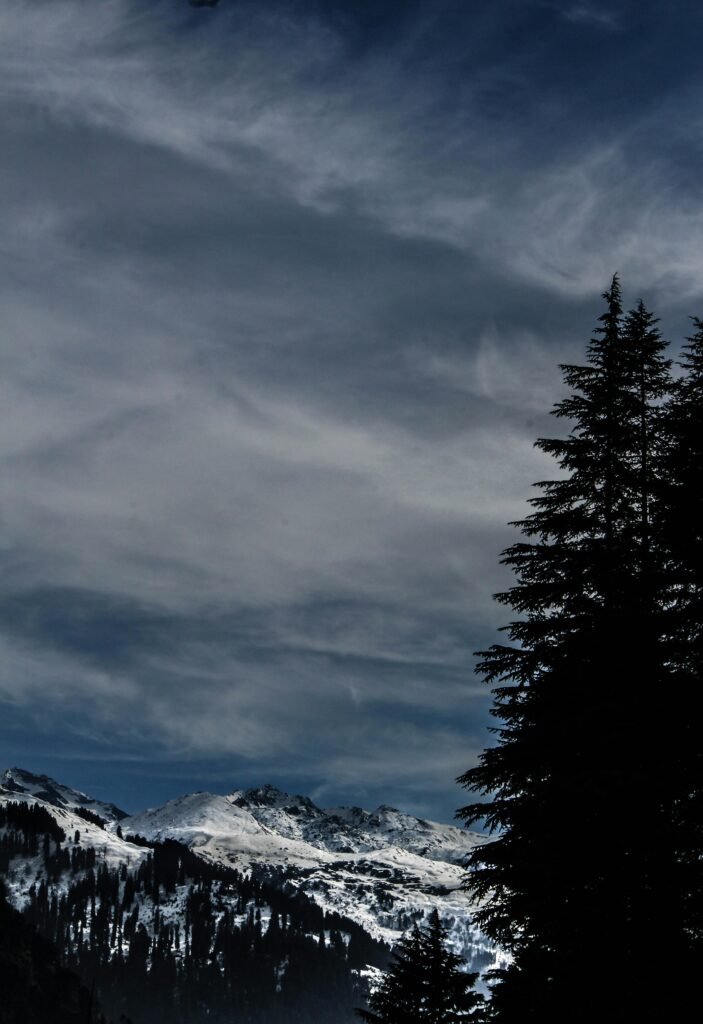 Breathtaking winter view of snow-capped mountains and pine trees in Manali, India.